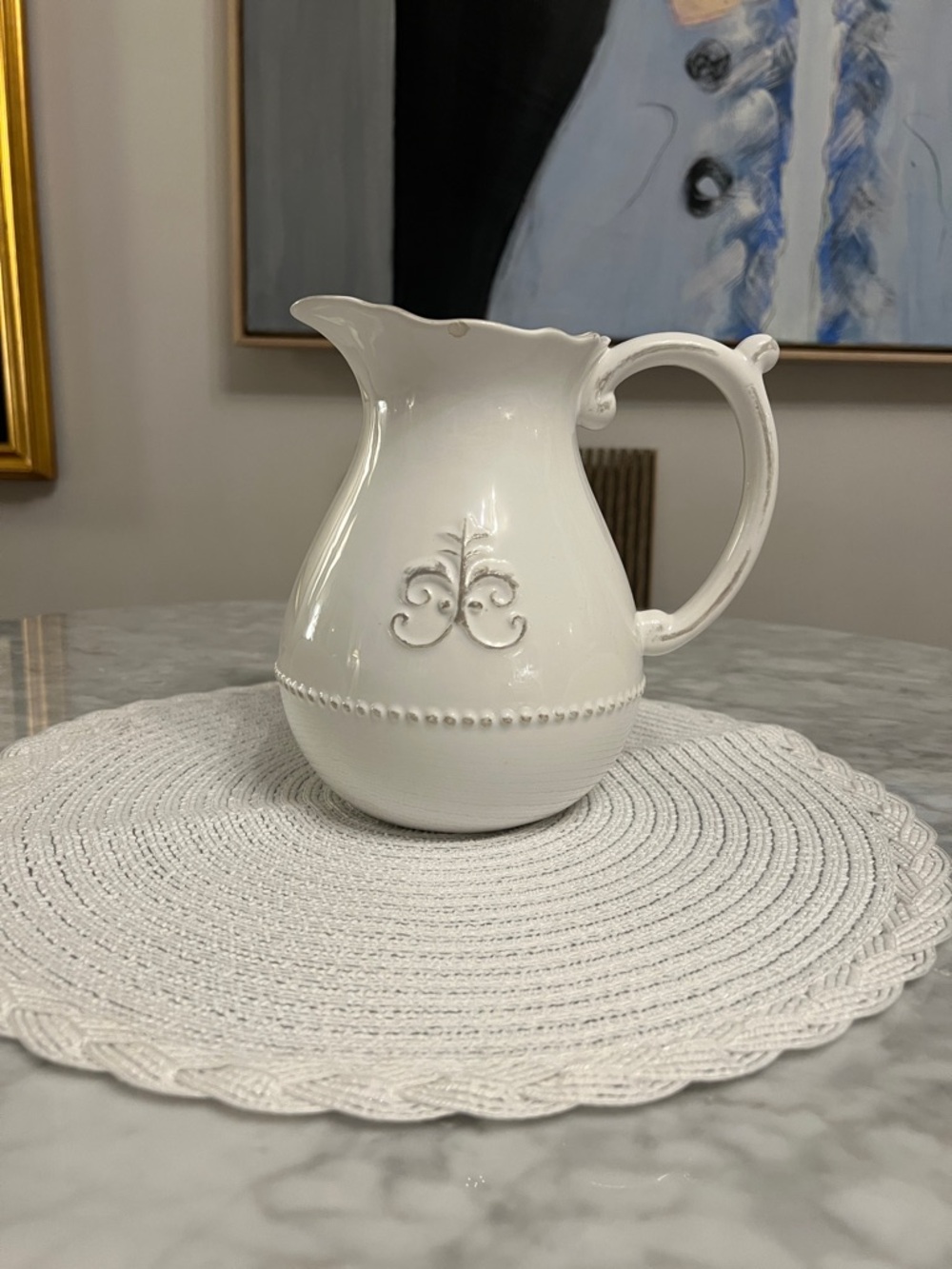 ANTHROPOLOGIE White “Fleur de Lys” Pitcher/Jug/Vase - Picture 2 of 4